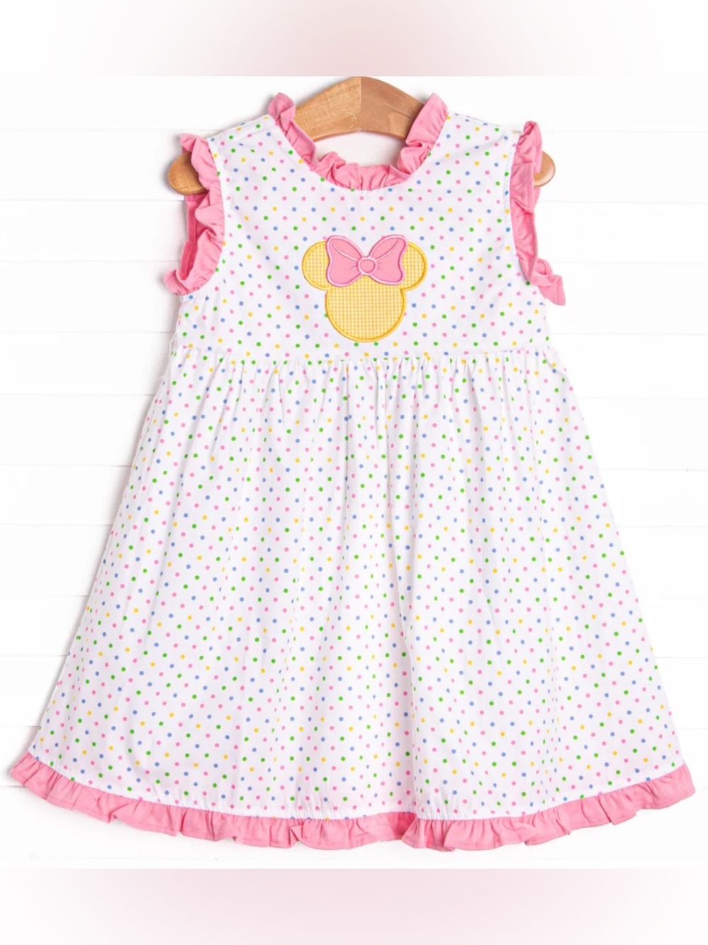 STITCHY FISH Minnie Mouse Polka Dot Park Day Applique Dress, Pink
